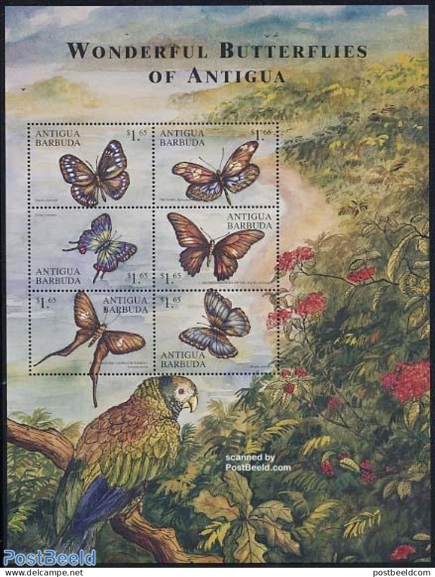 Antigua & Barbuda 2000 Butterflies 6v M/s, Eupolea Miniszeki, Mint NH, Nature - Butterflies - Parrots - Antigua Et Barbuda (1981-...)