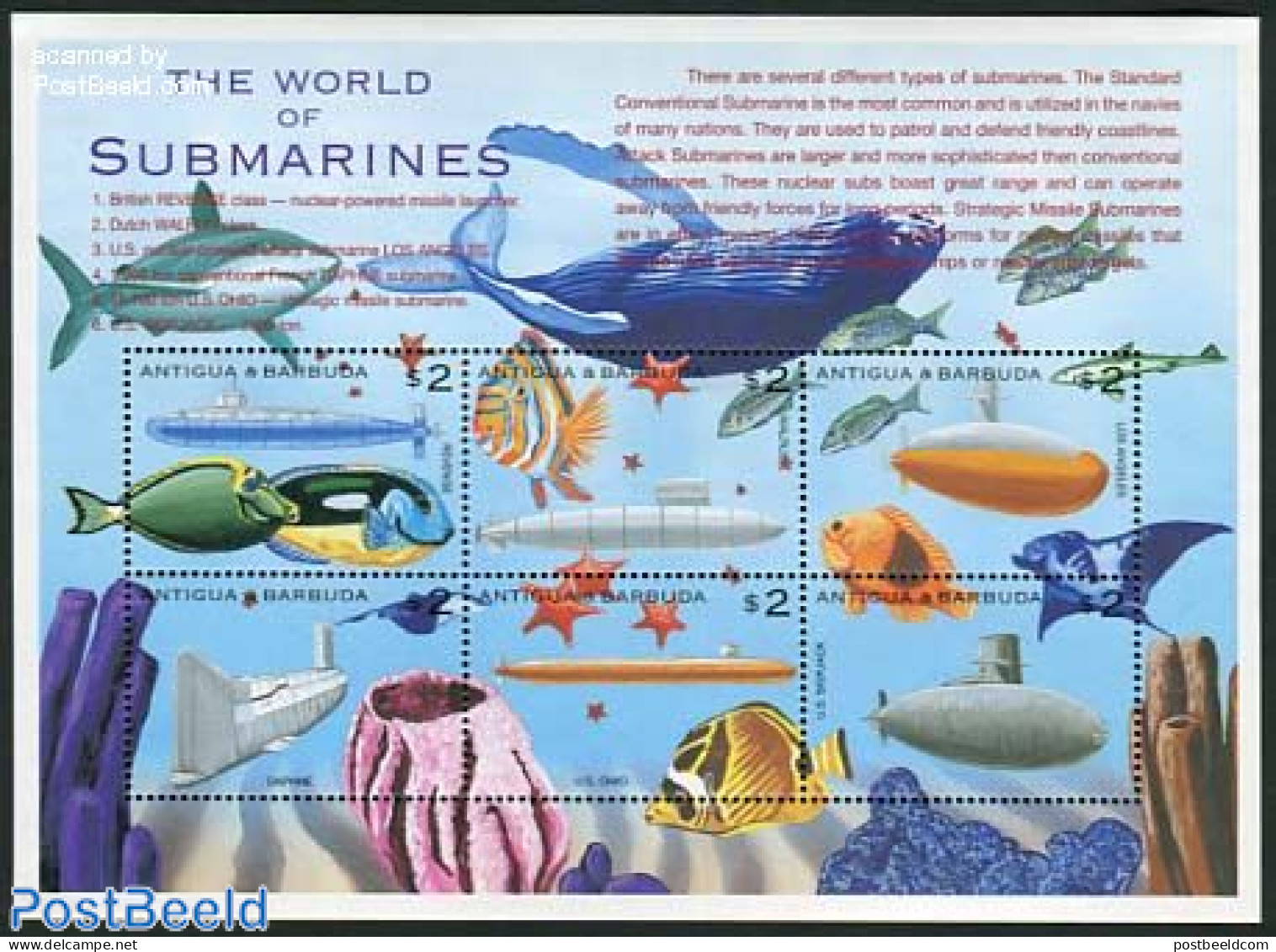 Antigua & Barbuda 2000 Submarines 6v M/s, Mint NH, Nature - Transport - Fish - Sea Mammals - Ships And Boats - Fishes