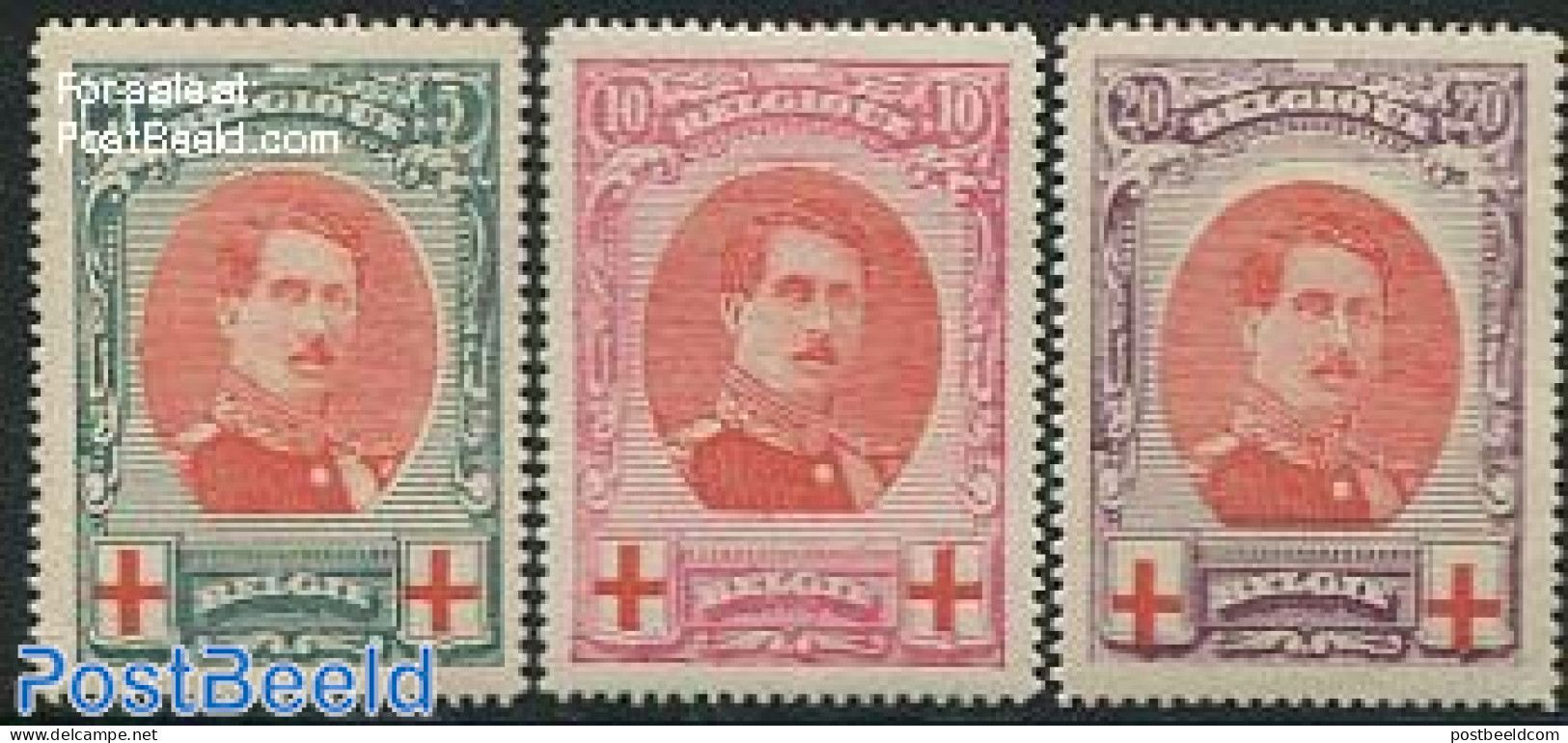 Belgium 1915 Red Cross 3v, King Albert I, Unused (hinged), Health - Red Cross - Unused Stamps