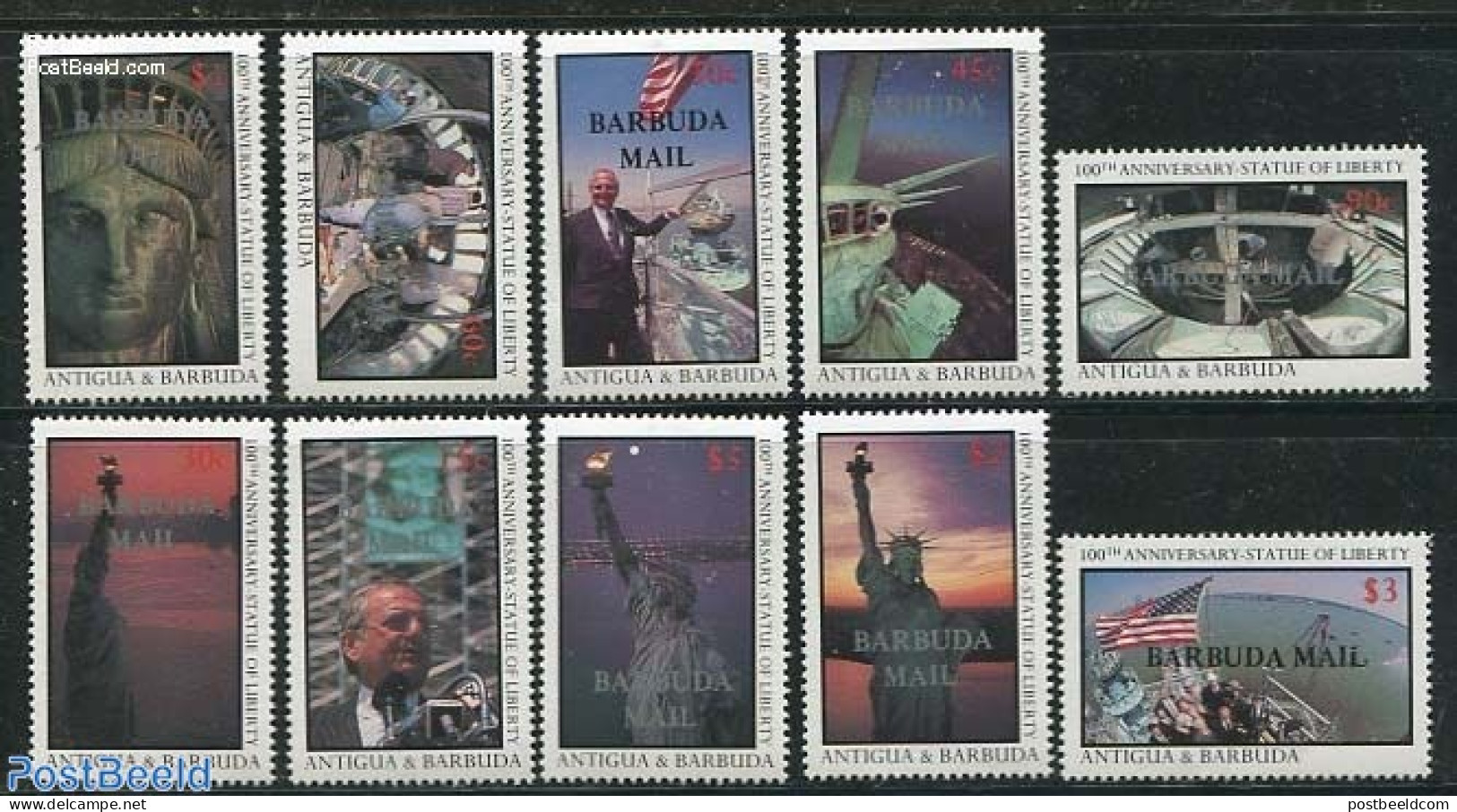 Barbuda 1987 Statue Of Liberty 10v, Mint NH, Transport - Ships And Boats - Sculpture - Boten