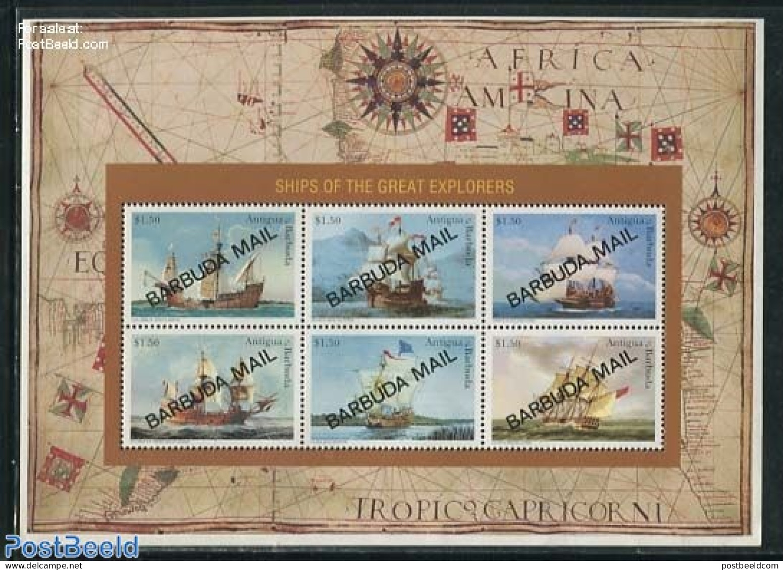 Barbuda 1997 Ships Of Great Explorers 6v M/s, Mint NH, History - Transport - Explorers - Ships And Boats - Erforscher
