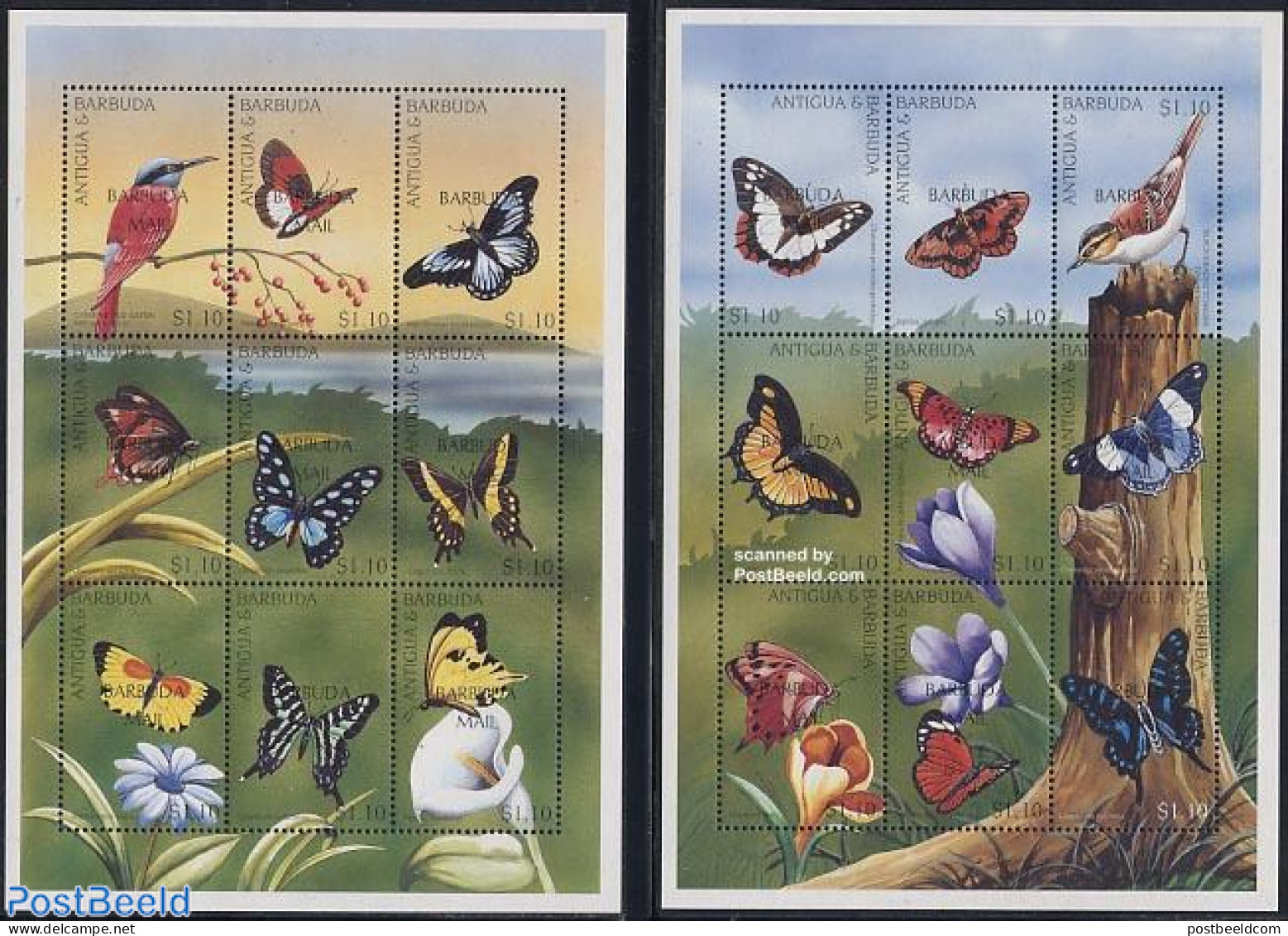 Barbuda 1998 Butterflies 2x9v M/s, Mint NH, Nature - Birds - Butterflies - Flowers & Plants - Hummingbirds - Barbuda (...-1981)