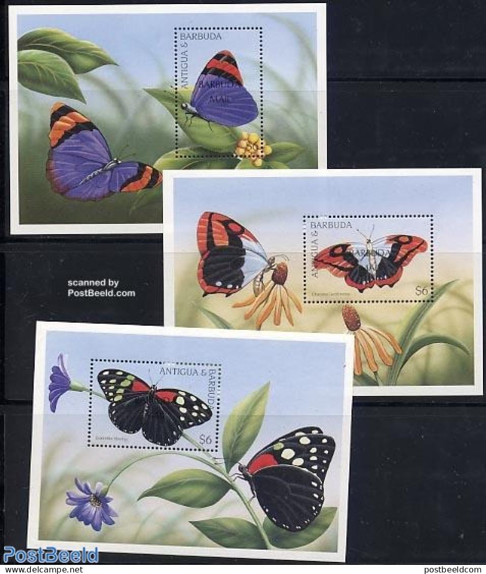 Barbuda 1998 Butterflies 3 S/s, Mint NH, Nature - Butterflies - Flowers & Plants - Barbuda (...-1981)