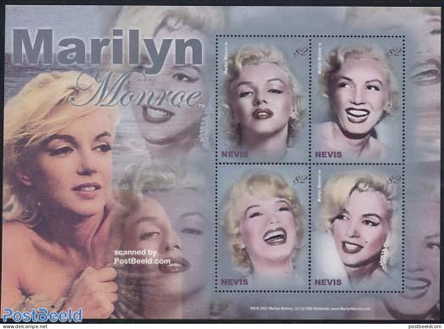 Nevis 2004 Marilyn Monroe 4v M/s, Mint NH, Performance Art - Marilyn Monroe - Movie Stars - Actors