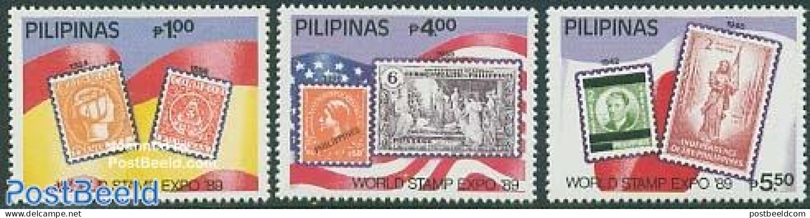 Philippines 1989 World Stamp Expo 3v, Mint NH, Stamps On Stamps - Timbres Sur Timbres