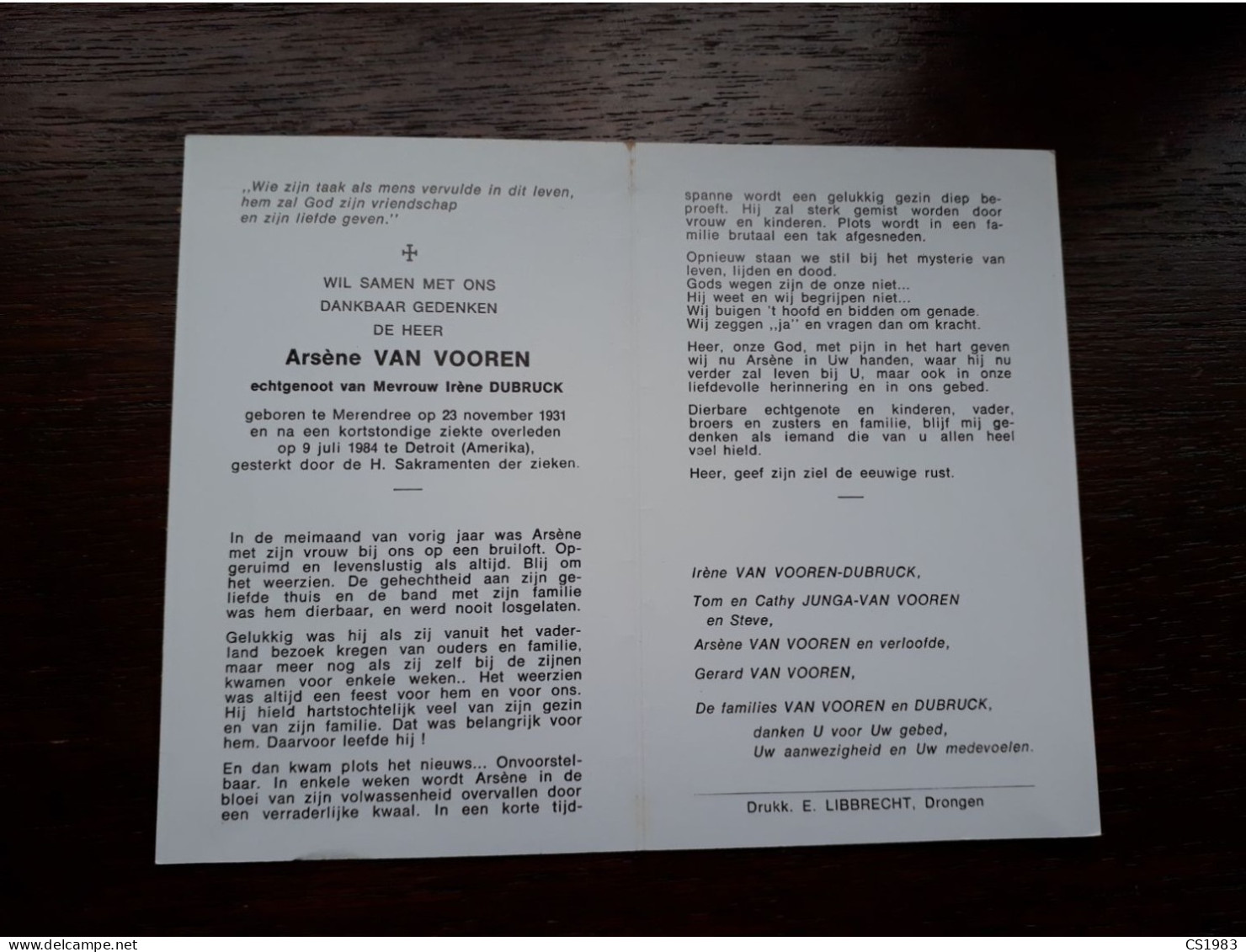 Arsène Van Vooren ° Merendree 1931 + Detroit (Amerika) 1984 X Irène Dubruck - Obituary Notices