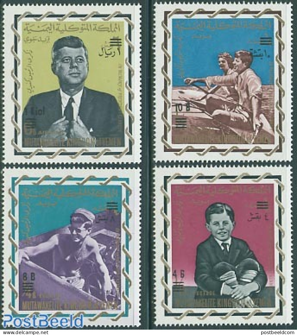 Yemen, Kingdom 1966 Kennedy Overprints 4v, Mint NH, History - Transport - American Presidents - Ships And Boats - Boten