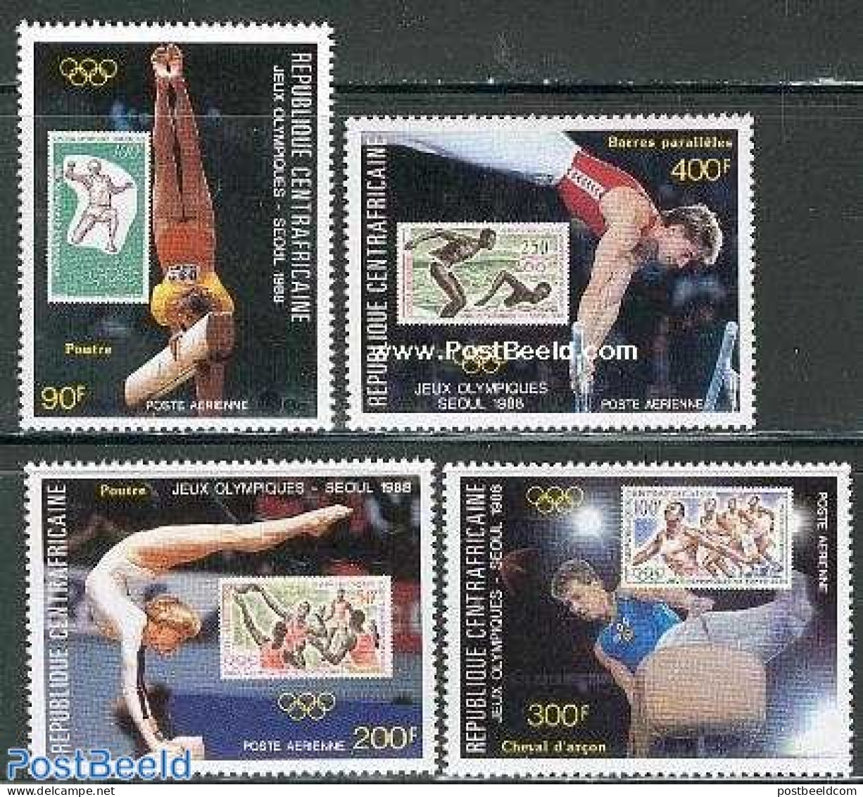 Central Africa 1988 Olympic Games 4v, Mint NH, Sport - Gymnastics - Olympic Games - Stamps On Stamps - Gymnastics