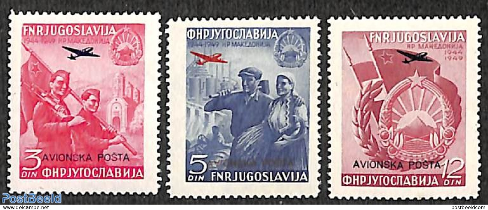 Yugoslavia 1949 Airmail Overprints 3v, Mint NH, History - Transport - Coat Of Arms - Aircraft & Aviation - Unused Stamps