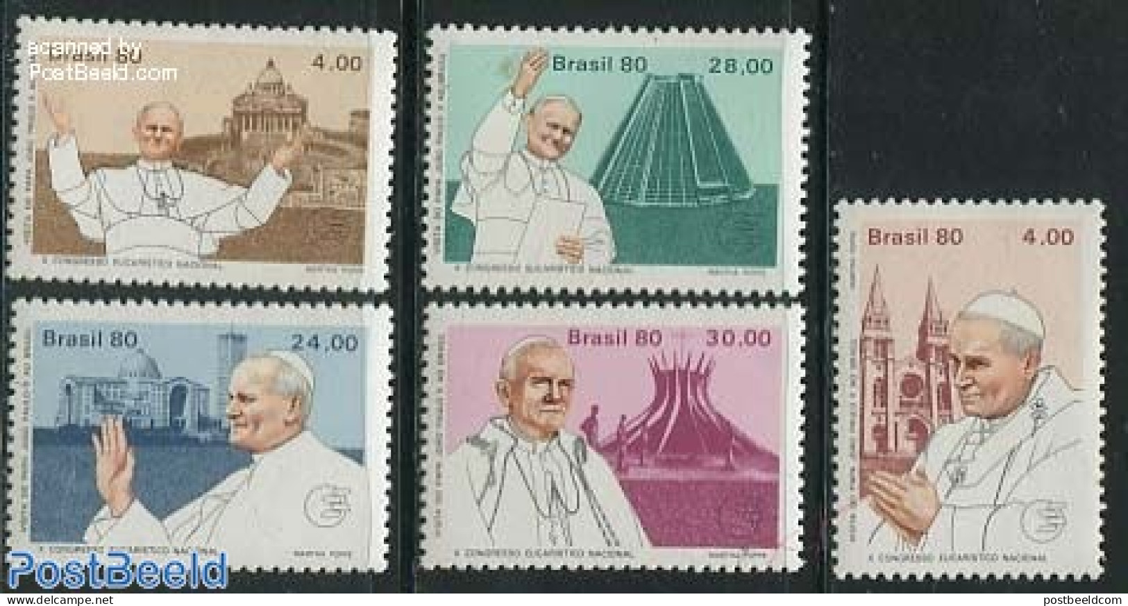 Brazil 1980 Visit Of Pope John Paul II 5v, Mint NH, Religion - Science - Churches, Temples, Mosques, Synagogues - Pope.. - Unused Stamps