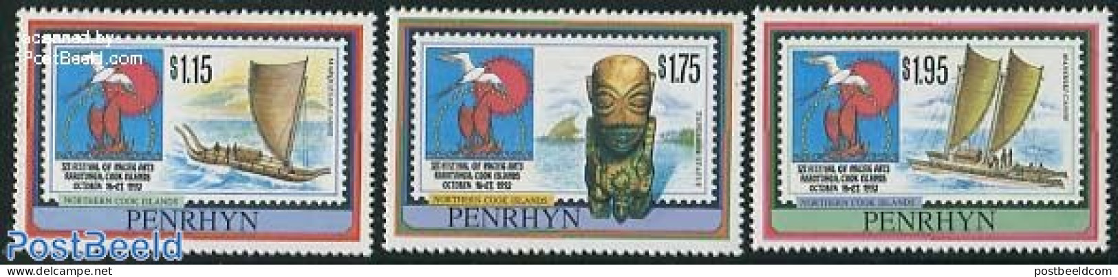Penrhyn 1992 South Pacific Art Festival 3v, Mint NH, Nature - Transport - Birds - Ships And Boats - Ships