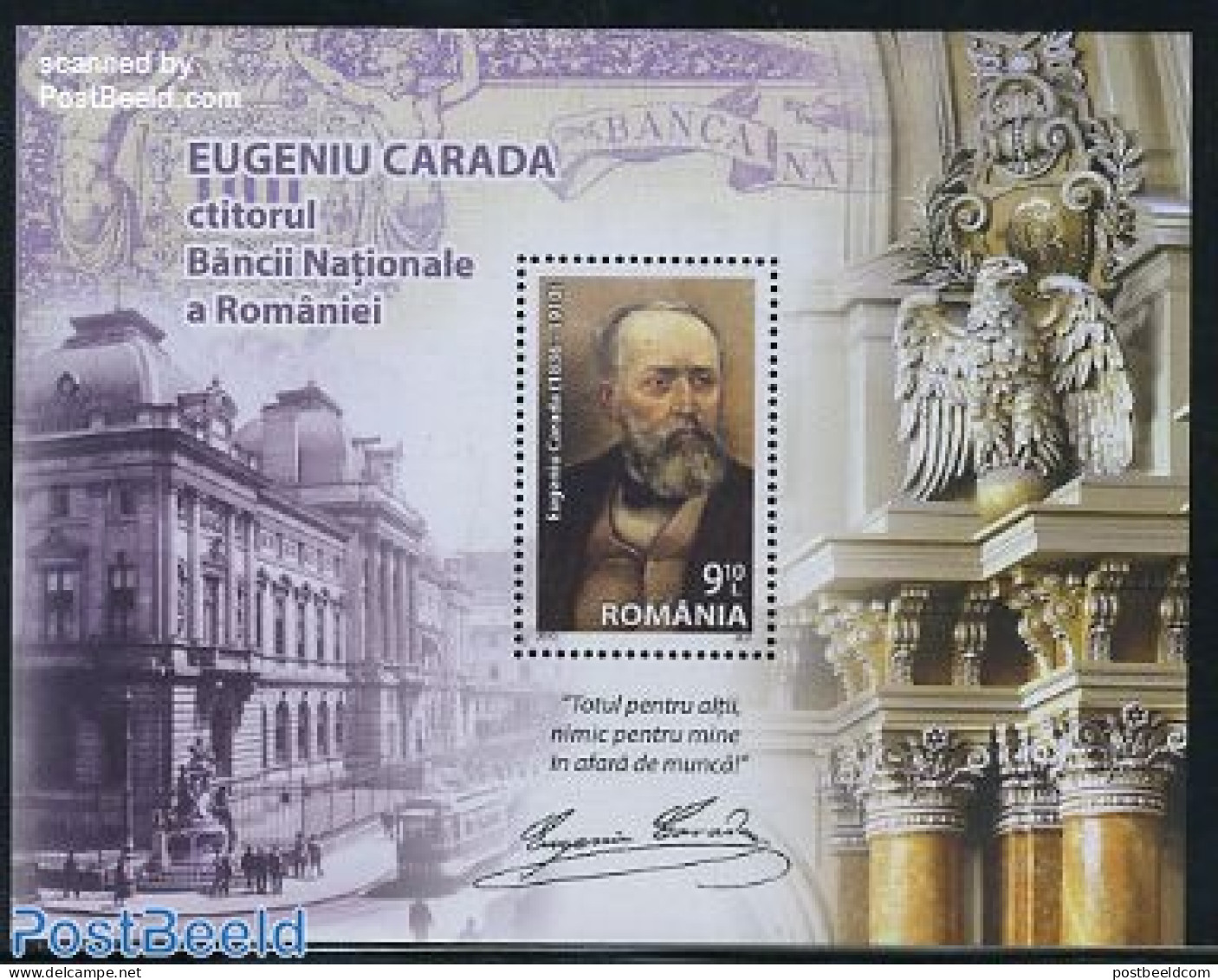 Romania 2010 Eugeniu Carada S/s, Mint NH, Transport - Various - Trams - Banking And Insurance - Unused Stamps
