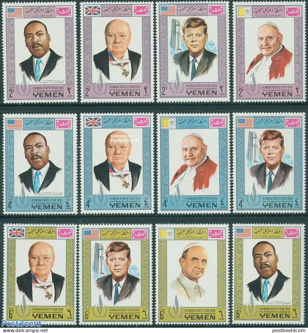 Yemen, Kingdom 1968 Human Rights 12v, Mint NH, History - Religion - American Presidents - Human Rights - Politicians -.. - Popes