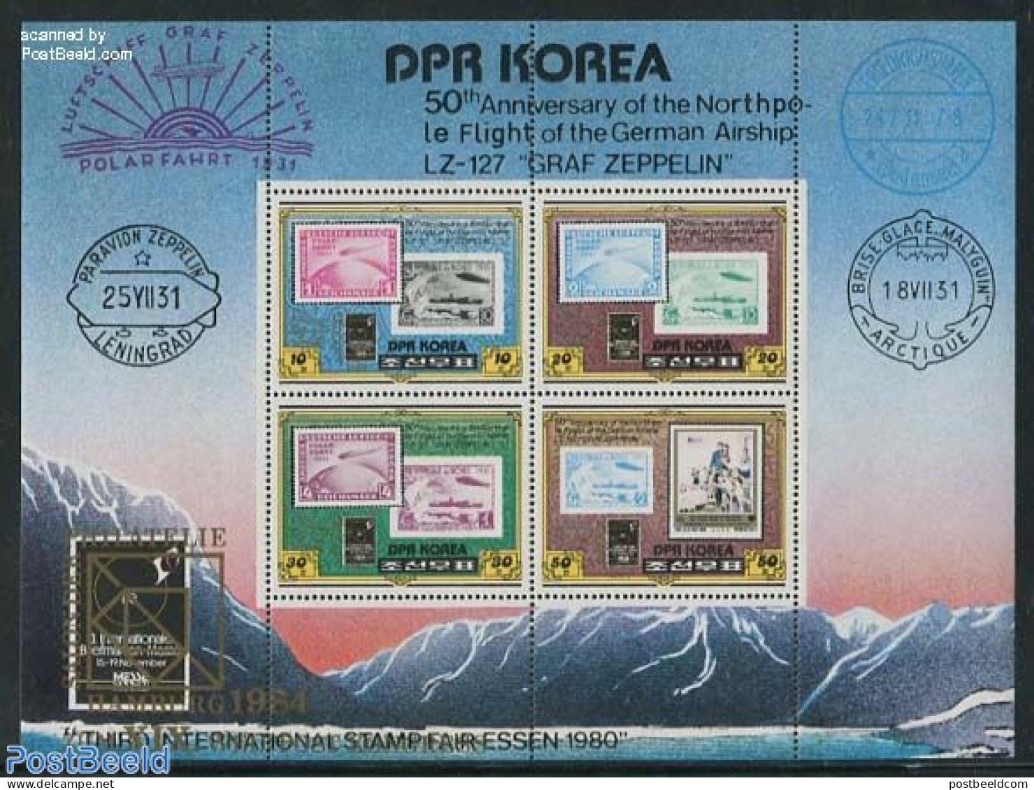 Korea, North 1984 UPU Congress S/s, Mint NH, Transport - Stamps On Stamps - U.P.U. - Zeppelins - Stamps On Stamps