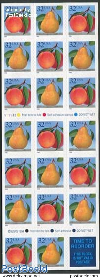 United States Of America 1995 Fruit Booklet S-a, Mint NH, Nature - Fruit - Stamp Booklets - Ongebruikt