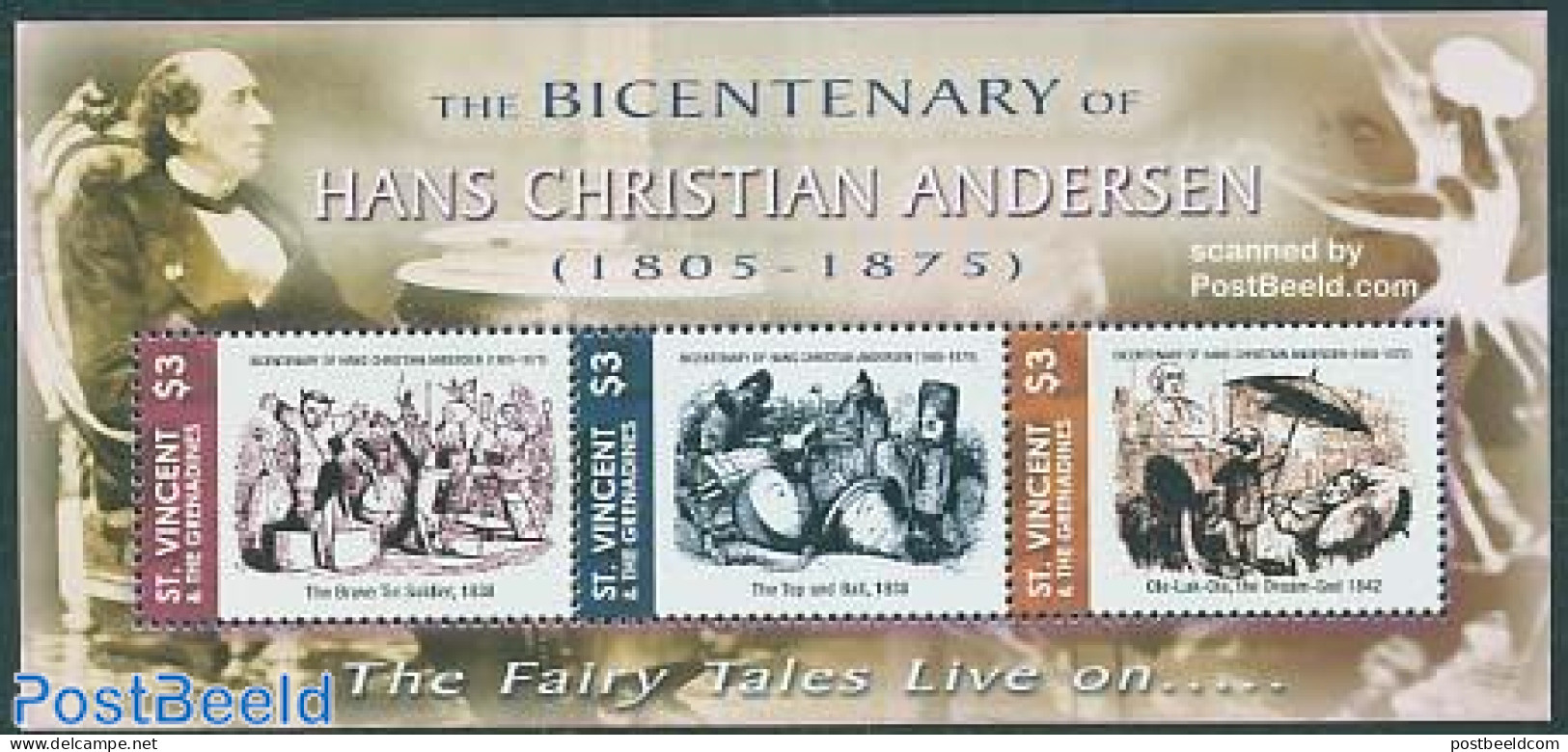 Saint Vincent 2005 H.C. Andersen 3v M/s, Mint NH, Art - Authors - Fairytales - Ecrivains
