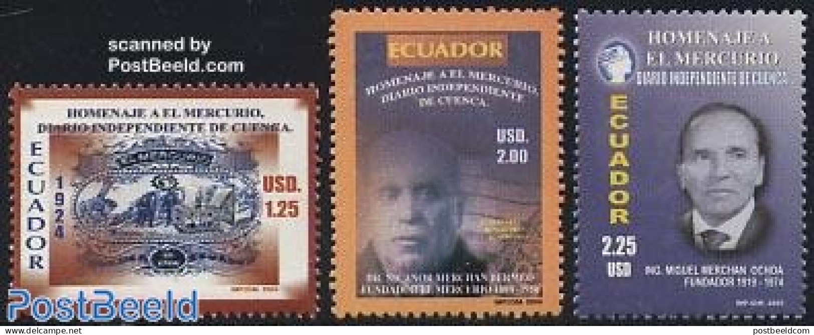 Ecuador 2005 El Mercurio Newspaper 3v, Mint NH, History - Newspapers & Journalism - Ecuador