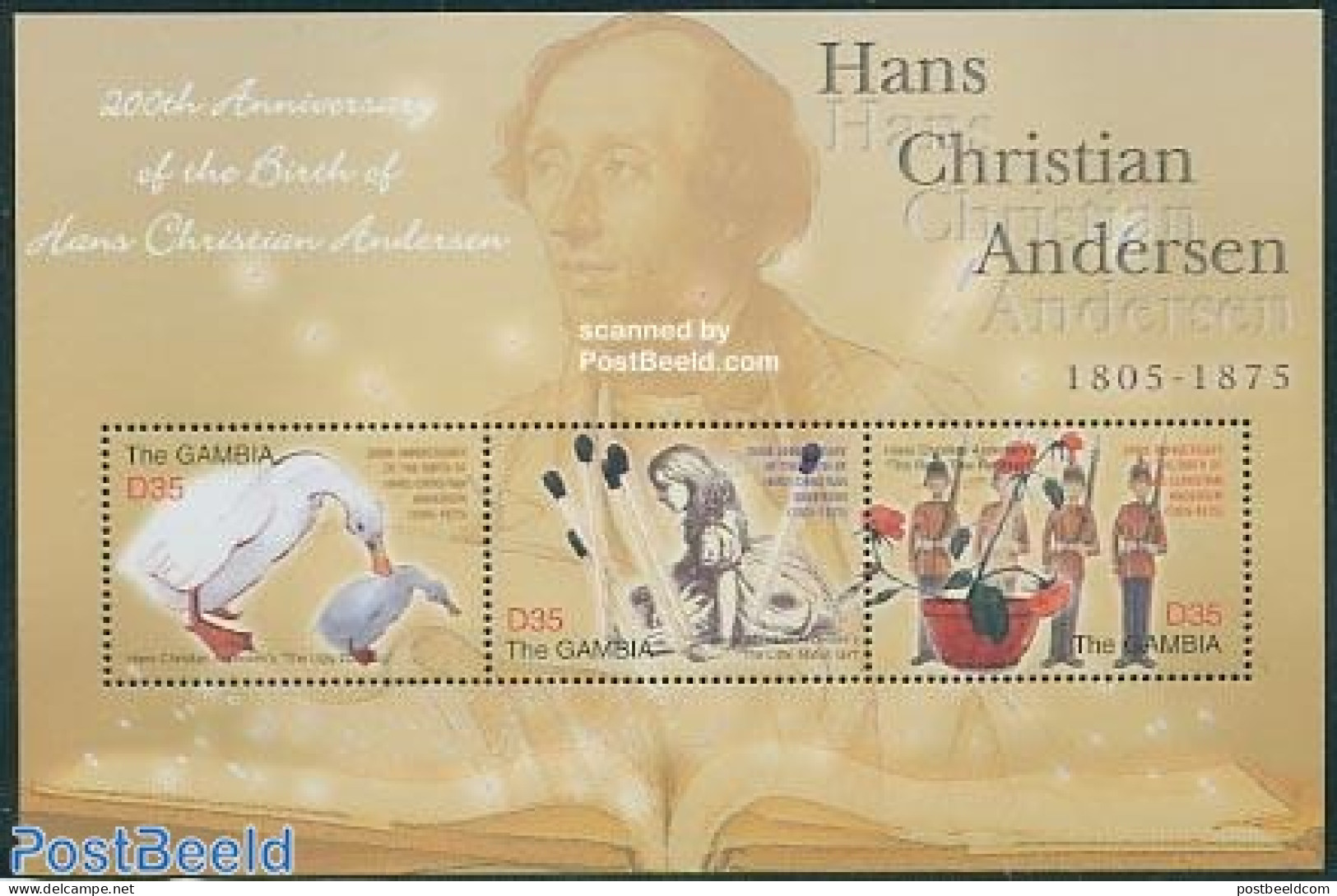 Gambia 2005 H.C. Andersen 3v M/s, Mint NH, Nature - Birds - Ducks - Art - Authors - Fairytales - Writers