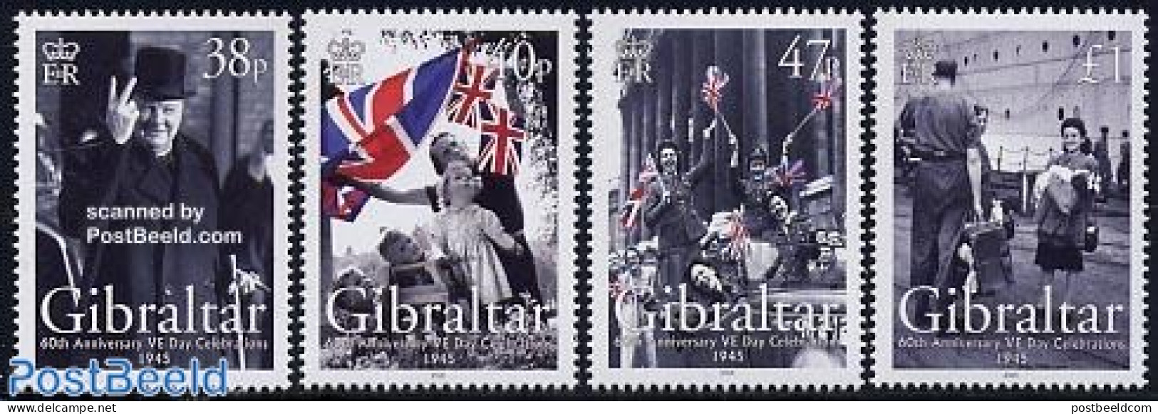 Gibraltar 2005 VE-Day Celebrations 4v, Mint NH, History - Transport - Churchill - Flags - World War II - Ships And Boats - Sir Winston Churchill