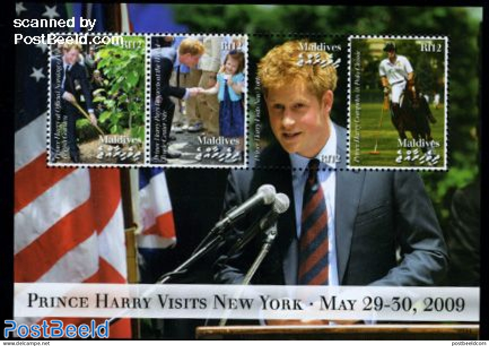 Maldives 2009 Prince Harry Visits New York 4v M/s, Mint NH, History - Nature - Sport - Kings & Queens (Royalty) - Gard.. - Familles Royales