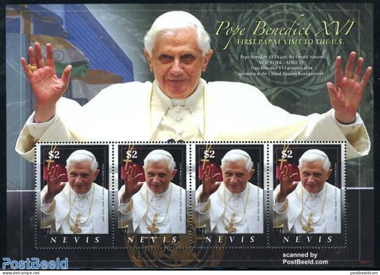 Nevis 2008 Pope Benedict 4v M/s, Mint NH, Religion - Pope - Päpste