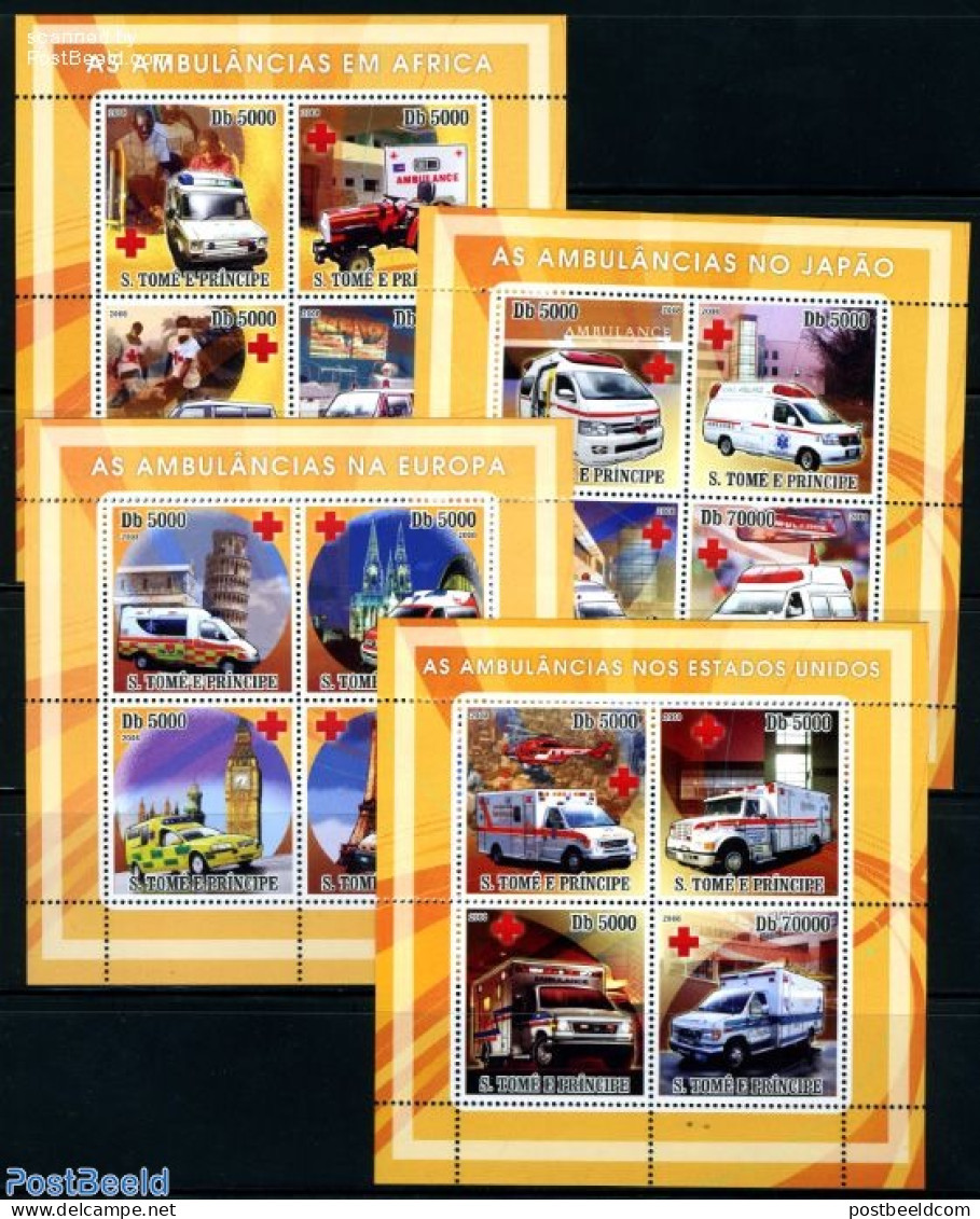 Sao Tome/Principe 2008 Ambulances Of The World 16v (4 M/s), Mint NH, Health - Transport - Health - Red Cross - Automob.. - Croix-Rouge