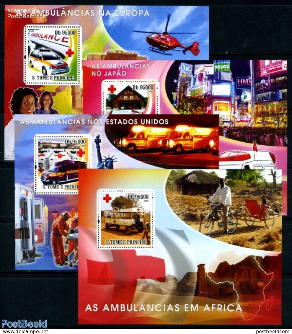 Sao Tome/Principe 2008 Ambulances Of The World 4 S/s, Mint NH, Health - Transport - Health - Red Cross - Automobiles - Red Cross