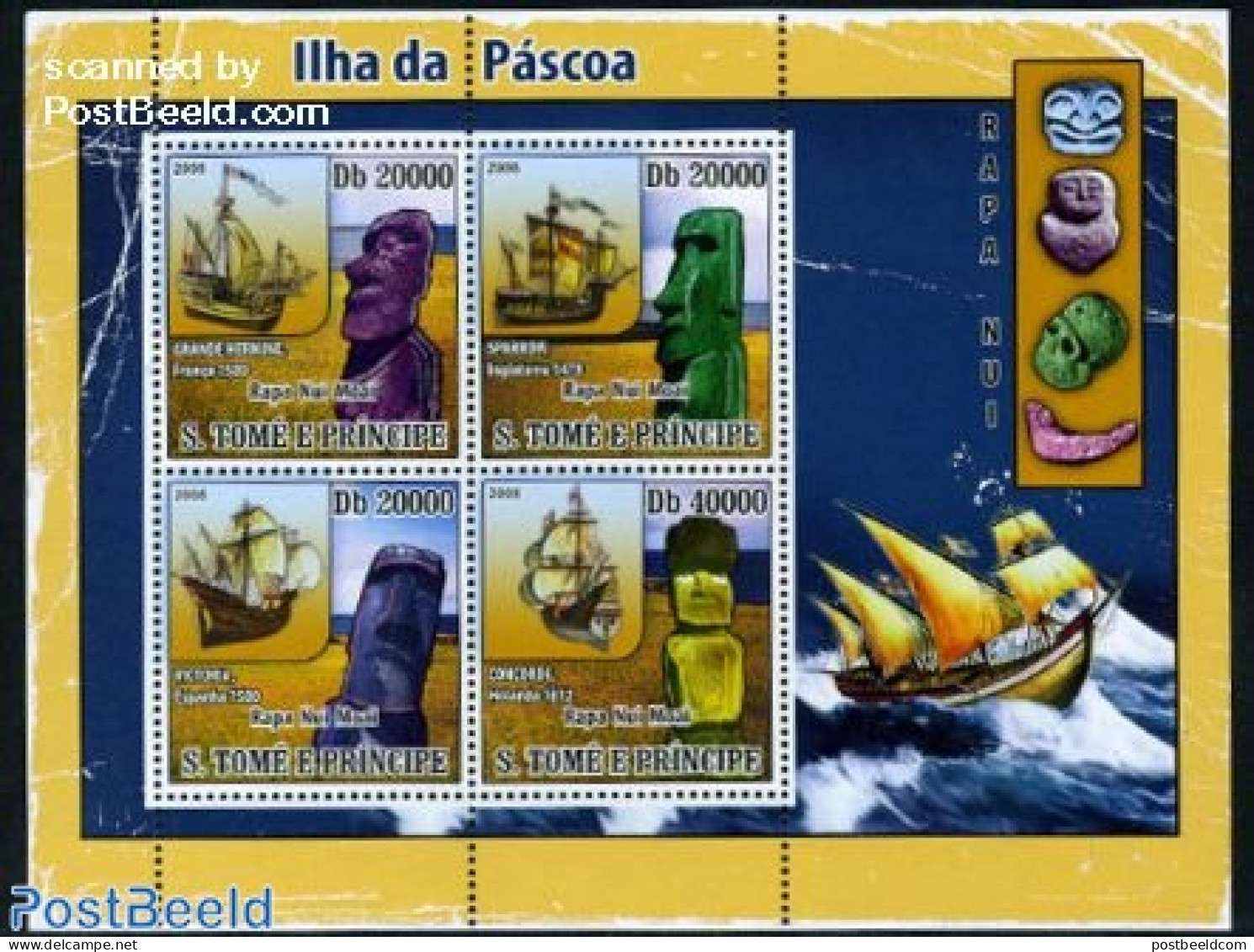 Sao Tome/Principe 2008 Easter Island 4v M/s, Mint NH, Transport - Ships And Boats - Art - Sculpture - Boten