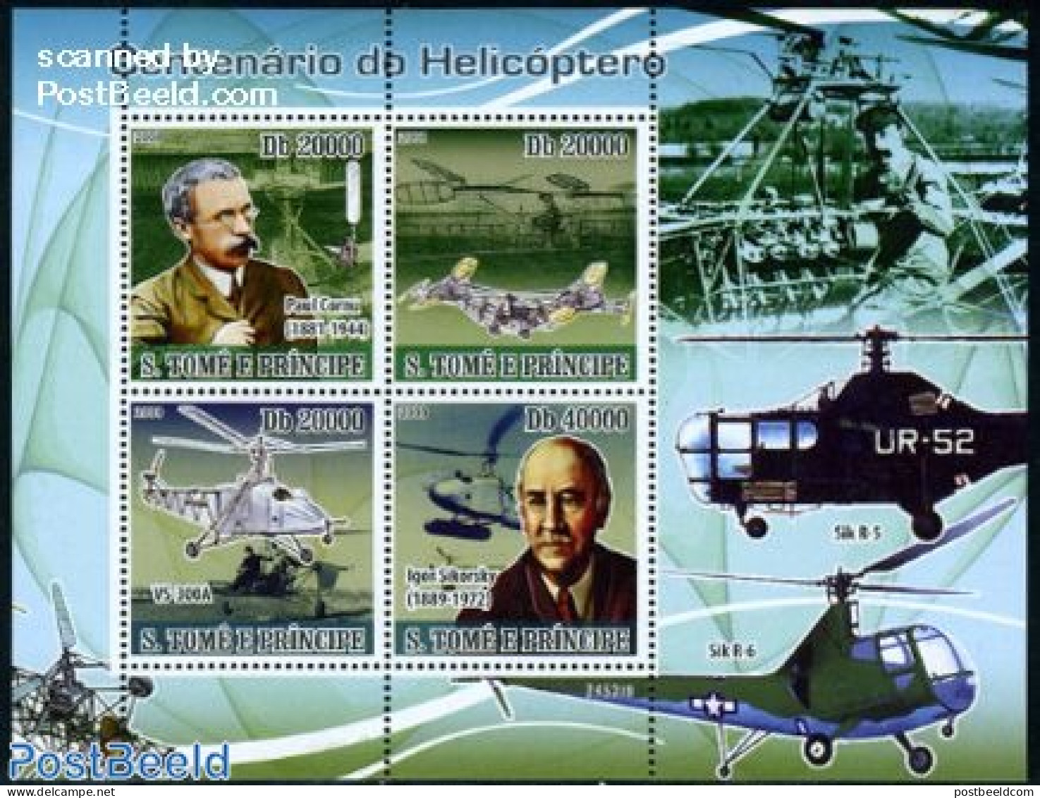 Sao Tome/Principe 2008 Helicopter Centenary 4v M/s, Mint NH, Transport - Helicopters - Helicopters