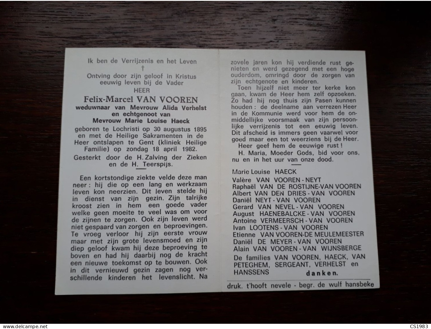 Felix Marcel Van Vooren ° Lochristi 1895 + Gent 1982 (Fam: Haeck-van Peteghem-Sergeant-Verhelst-Hanssens) - Obituary Notices