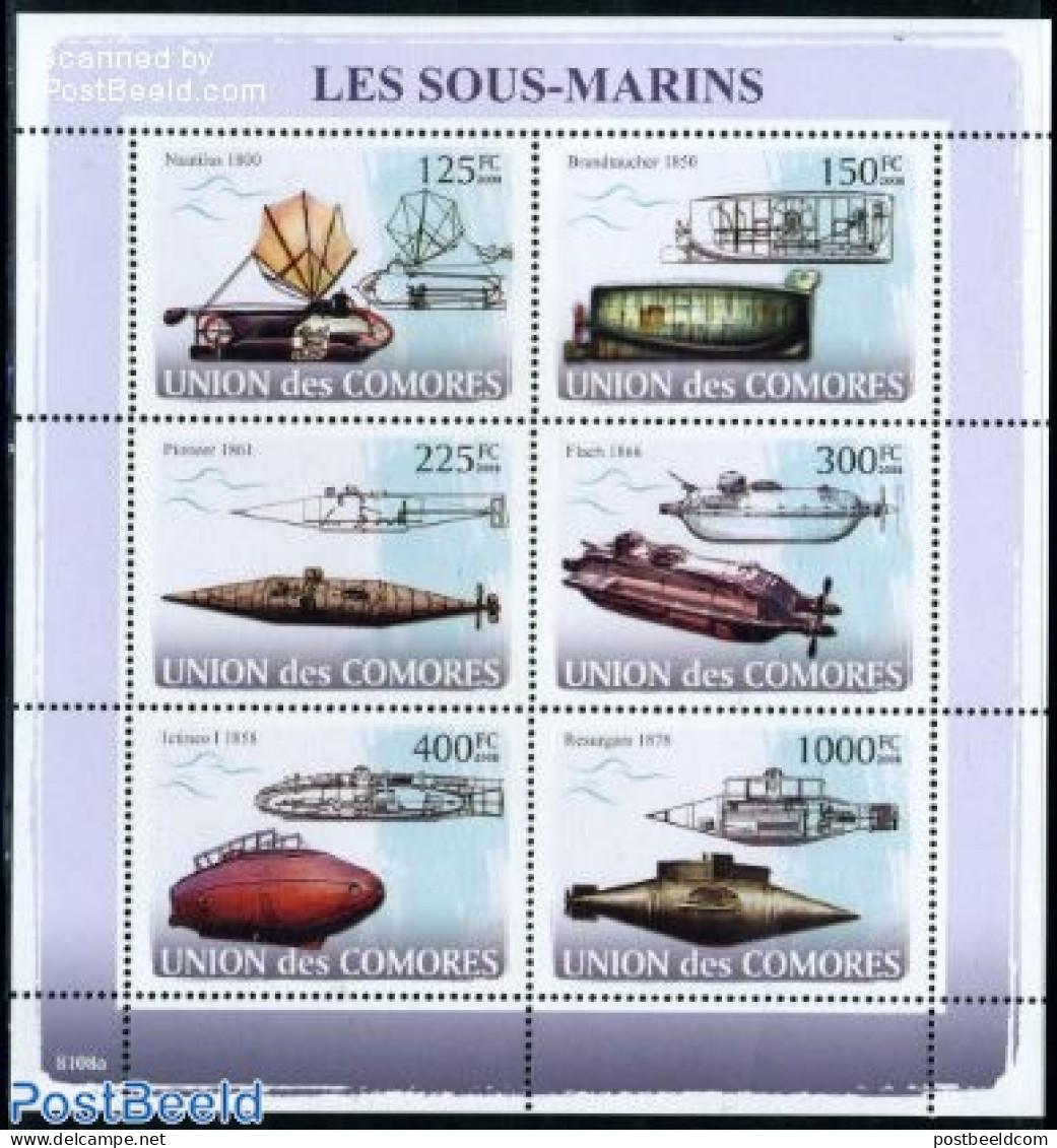 Comoros 2008 Submarines 6v M/s, Mint NH, Transport - Ships And Boats - Boten