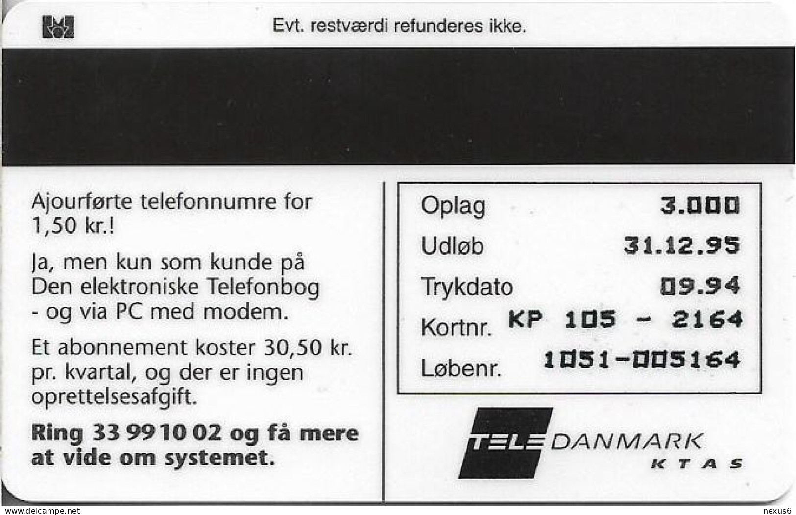 Denmark - KTAS - Electronic Phonebook - TDKP105 - 09.1994, 3.000ex, 20kr, Used - Danemark