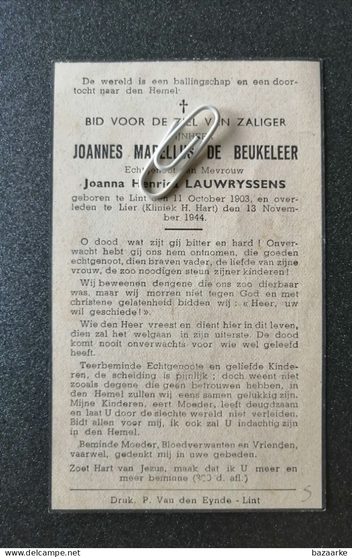JOANNES MARELLUS DE BEUKELEER ° LINT 1903 + ZIEKENHUIS LIER 1944 / JOANNA LAUWRYSSENS - Devotion Images