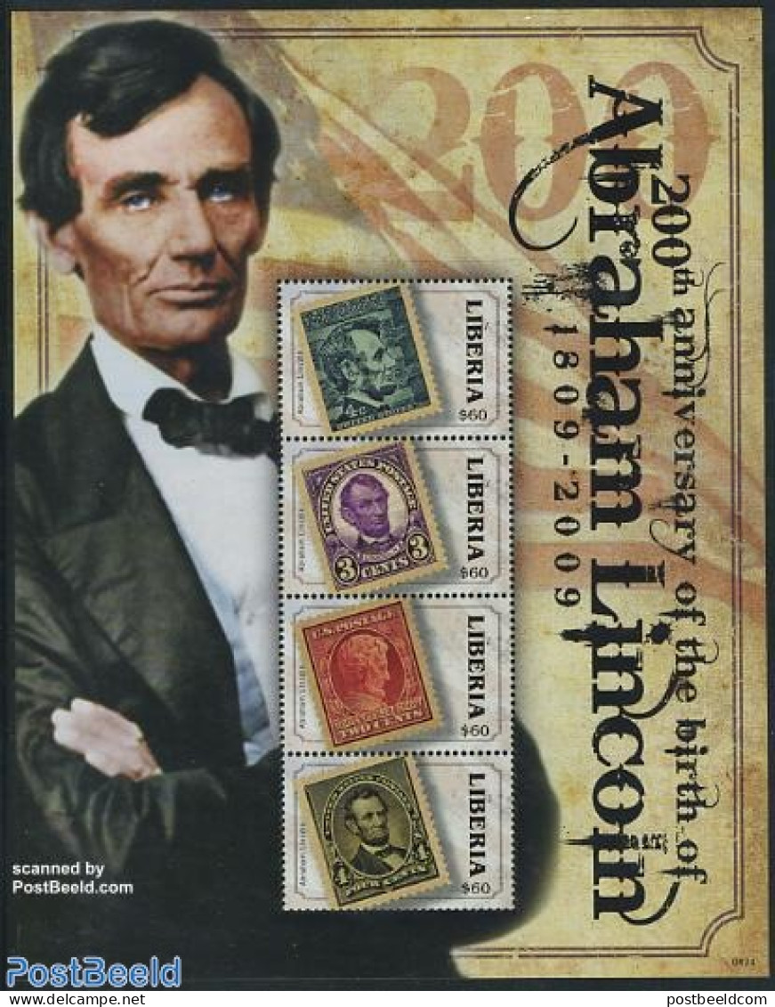 Liberia 2008 Abraham Lincoln 4v M/s, Mint NH, History - American Presidents - Stamps On Stamps - Postzegels Op Postzegels