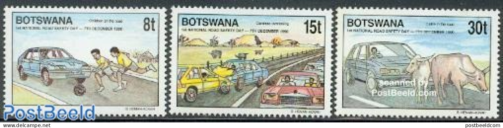 Botswana 1990 Traffic Safety Day 3v, Mint NH, Nature - Transport - Various - Cattle - Automobiles - Traffic Safety - T.. - Cars