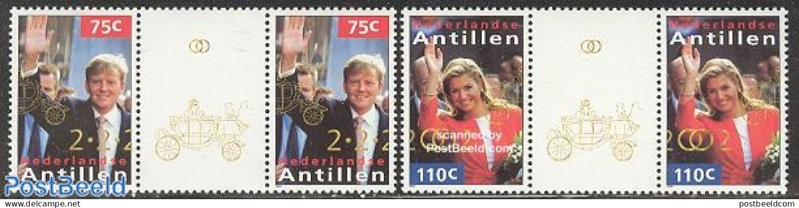 Netherlands Antilles 2002 Alexander & Maxima Wedding 2v, Gutter Pairs, Mint NH, History - Kings & Queens (Royalty) - Familles Royales