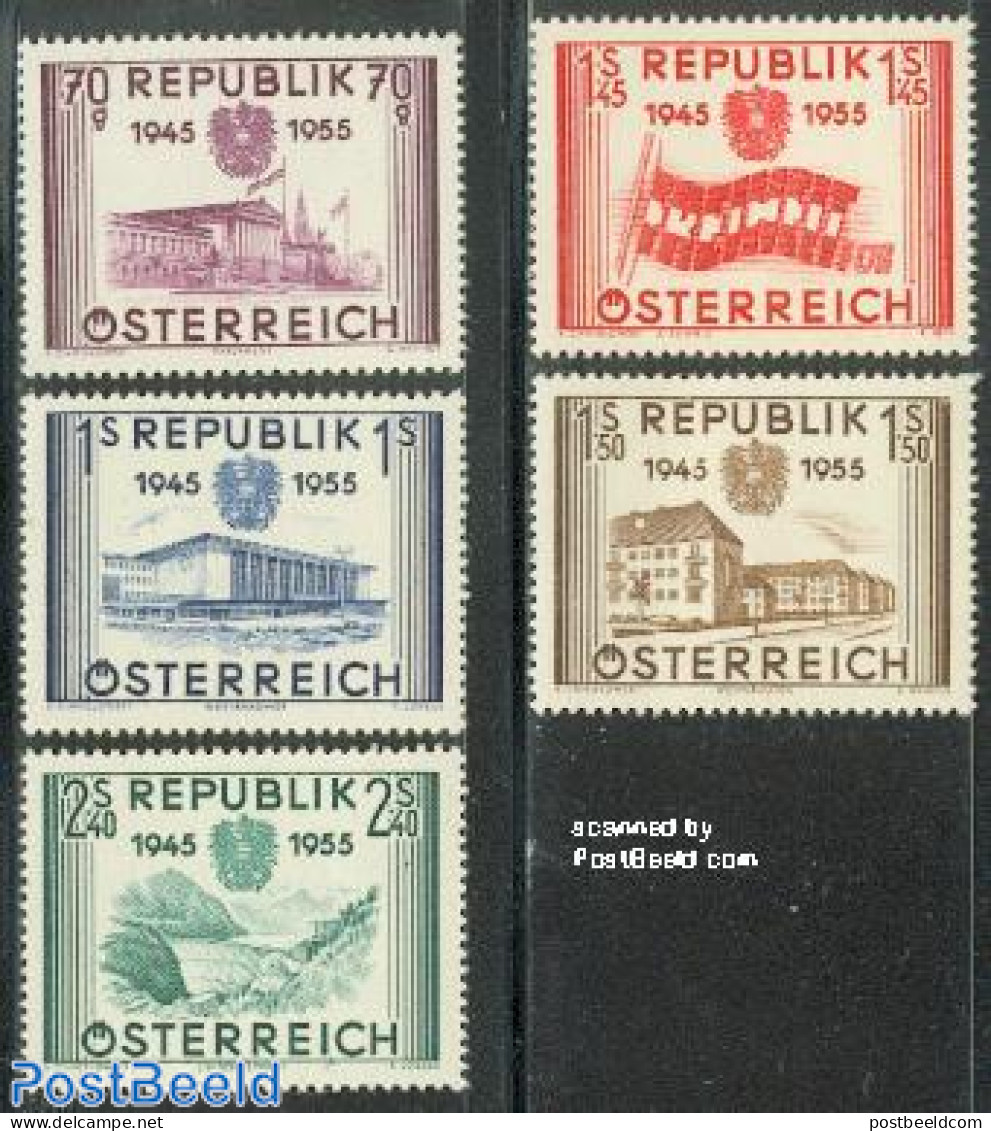 Austria 1955 Independence 10th Anniversary 5v, Mint NH, Nature - Transport - Water, Dams & Falls - Railways - Unused Stamps