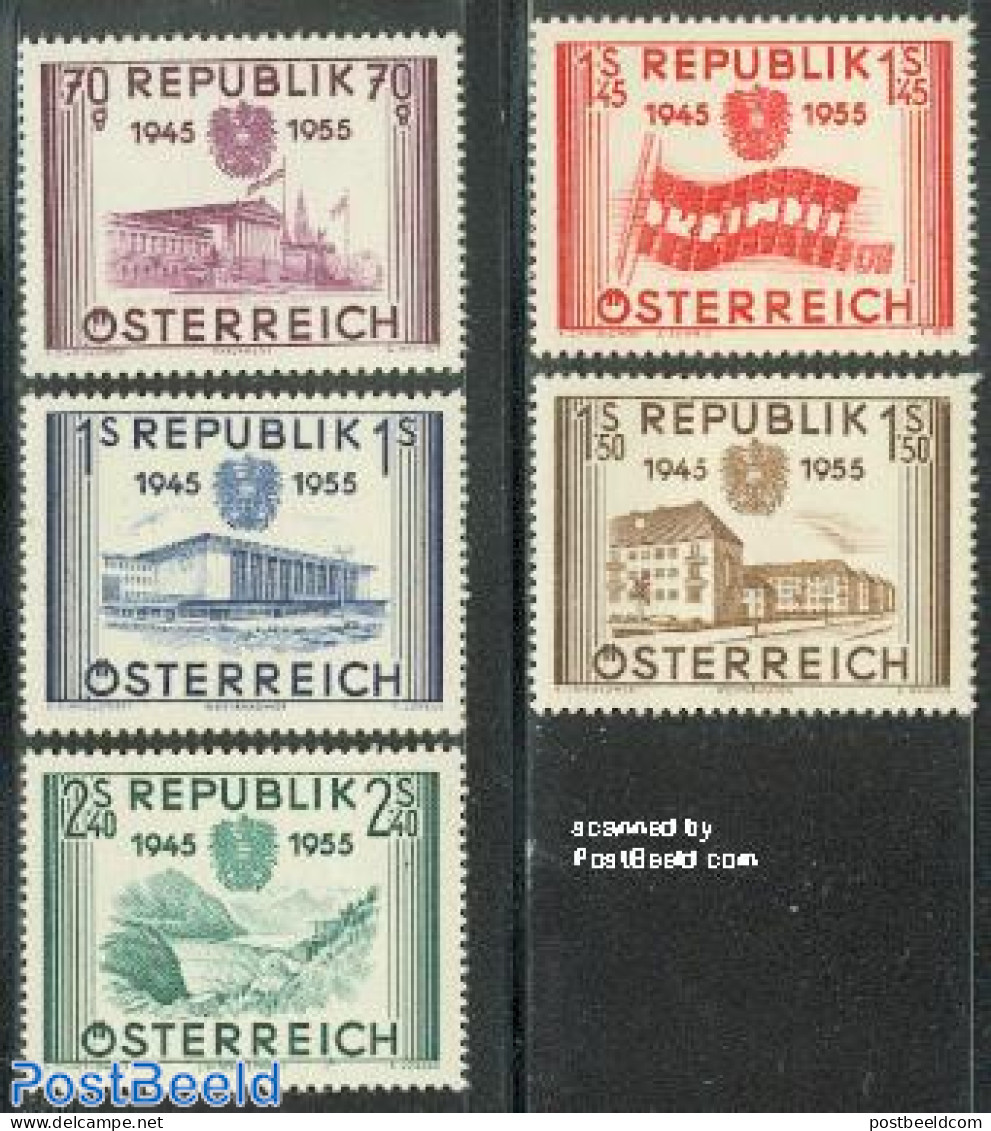 Austria 1955 Independence 10th Anniversary 5v, Mint NH, Nature - Transport - Water, Dams & Falls - Railways - Neufs