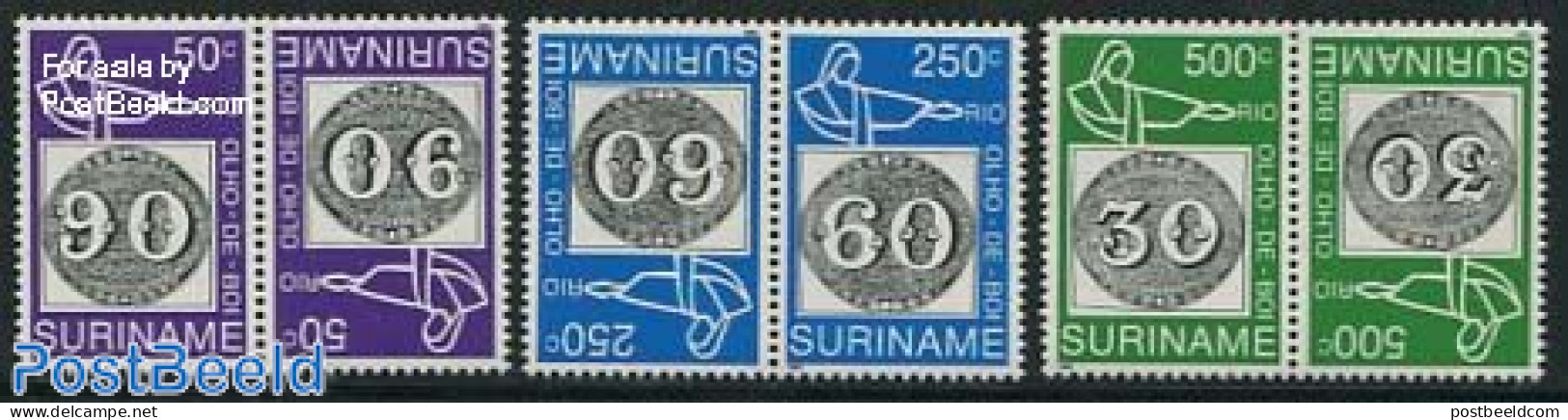 Suriname, Republic 1993 Brasiliana 3v, Tete Beche, Mint NH, Stamps On Stamps - Timbres Sur Timbres