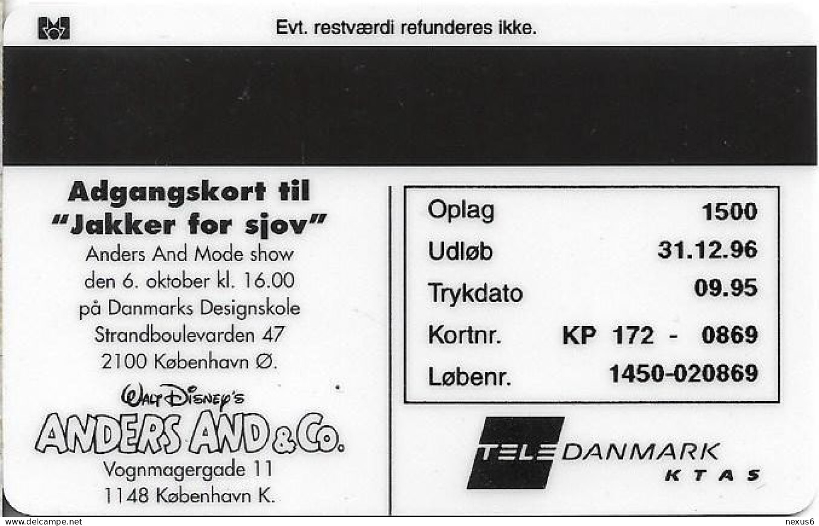 Denmark - KTAS - Donald Duck - TDKP172 - 09.1995, 10kr, 1.500ex, Used - Denmark