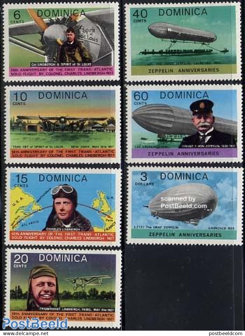 Dominica 1978 Charles Lindbergh 7v, Mint NH, Transport - Various - Aircraft & Aviation - Zeppelins - Maps - Airplanes