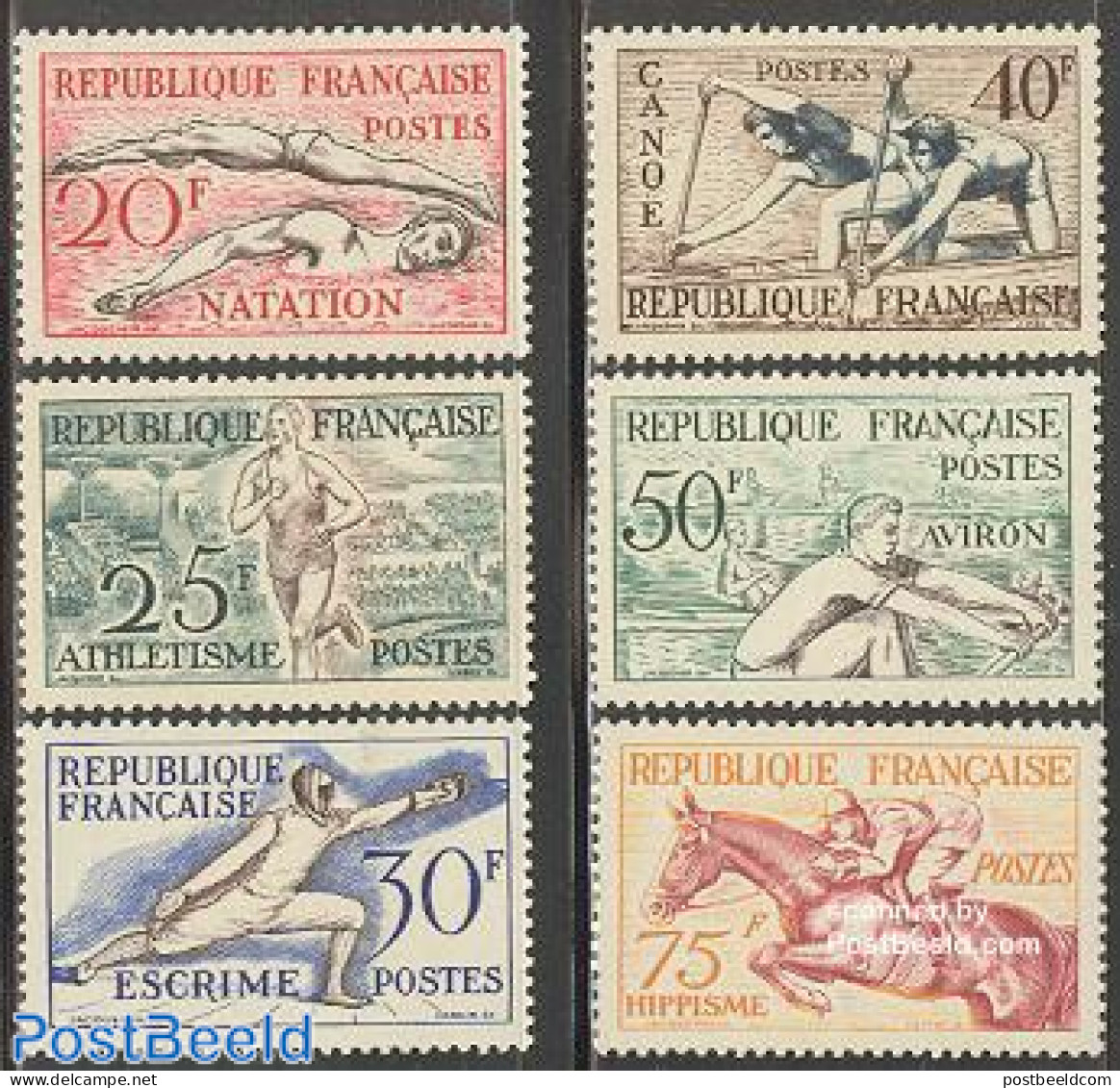France 1953 Sports 6v, Mint NH, Nature - Sport - Horses - Athletics - Fencing - Kayaks & Rowing - Sport (other And Mix.. - Neufs