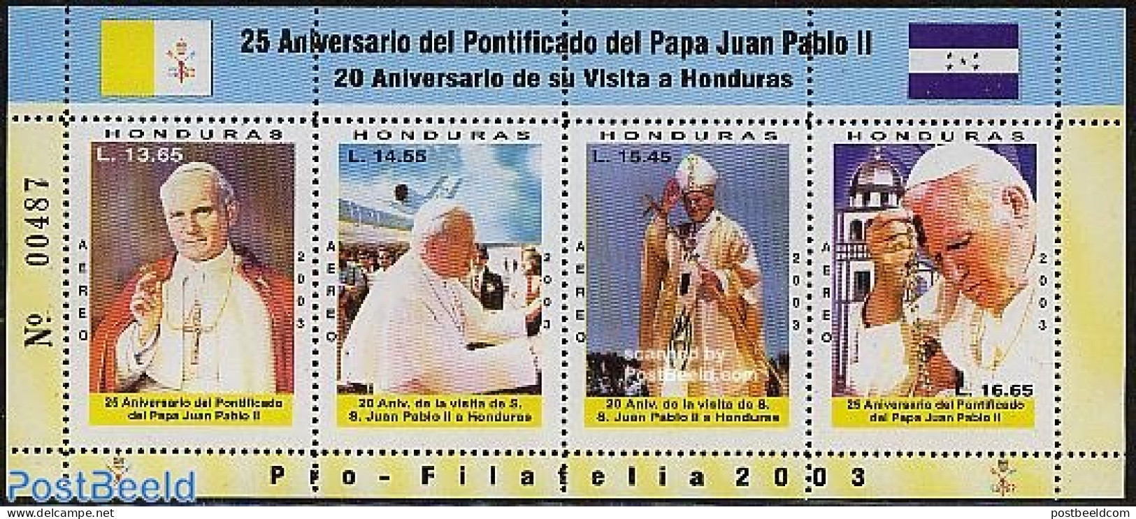 Honduras 2003 25 Years Pope John Paul II S/s, Mint NH, Religion - Transport - Pope - Religion - Aircraft & Aviation - Popes