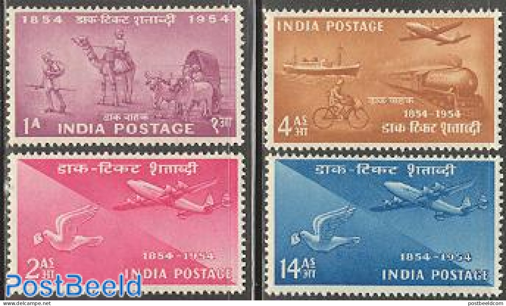 India 1954 Stamp Centenary 4v, Mint NH, Sport - Transport - Cycling - Post - Aircraft & Aviation - Railways - Ships An.. - Unused Stamps