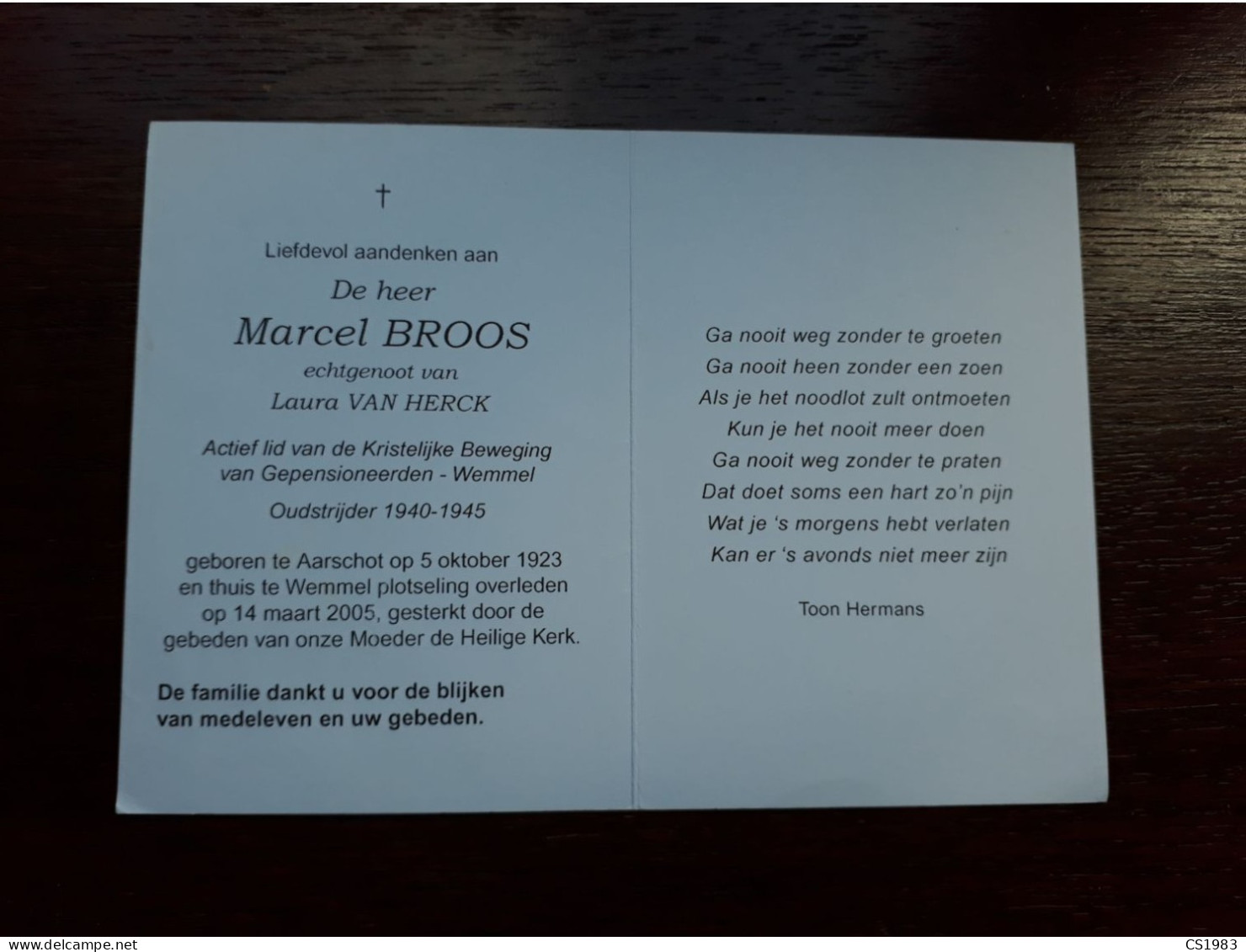 Marcel Broos ° Aarschot 1923 + Wemmel 2005 X Laura Van Herck - Obituary Notices