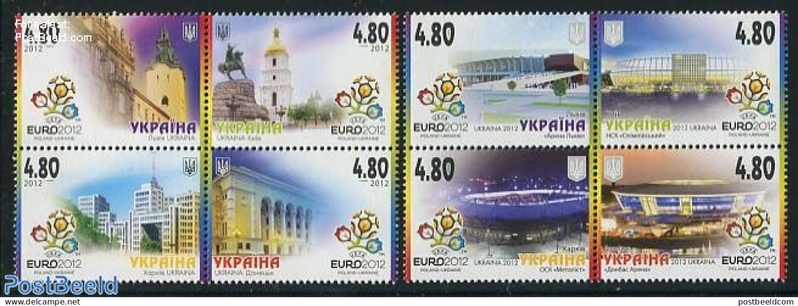 Ukraine 2012 Euro 2012 Football 8v (2x[+]), Mint NH, History - Sport - Europa Hang-on Issues - Football - Europese Gedachte