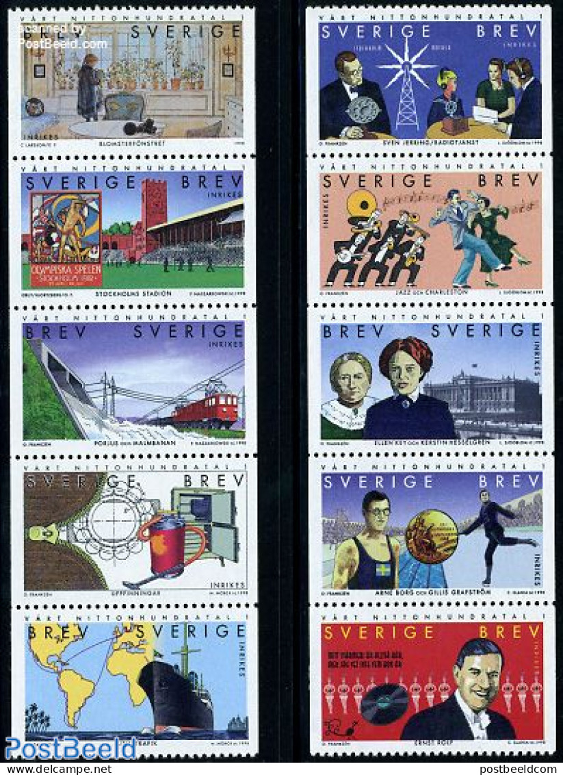 Sweden 1998 20th Century 10v, Mint NH, Nature - Performance Art - Sport - Transport - Water, Dams & Falls - Dance & Ba.. - Unused Stamps