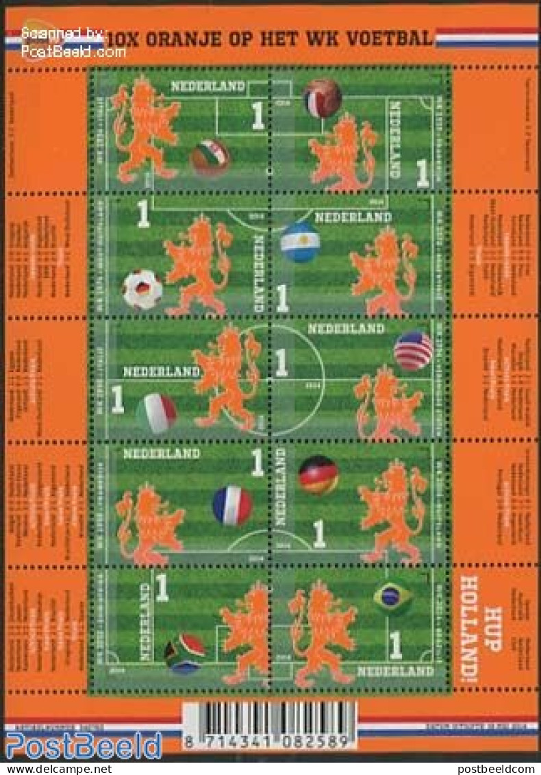 Netherlands 2014 Worldcup Football 10v M/s (1st Print, Smooth Surface), Mint NH, Sport - Football - Unused Stamps