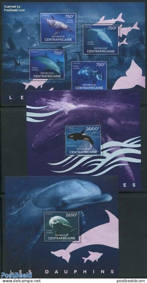 Central Africa 2014 Dolphins 3 S/s, Mint NH, Nature - Sea Mammals - Central African Republic