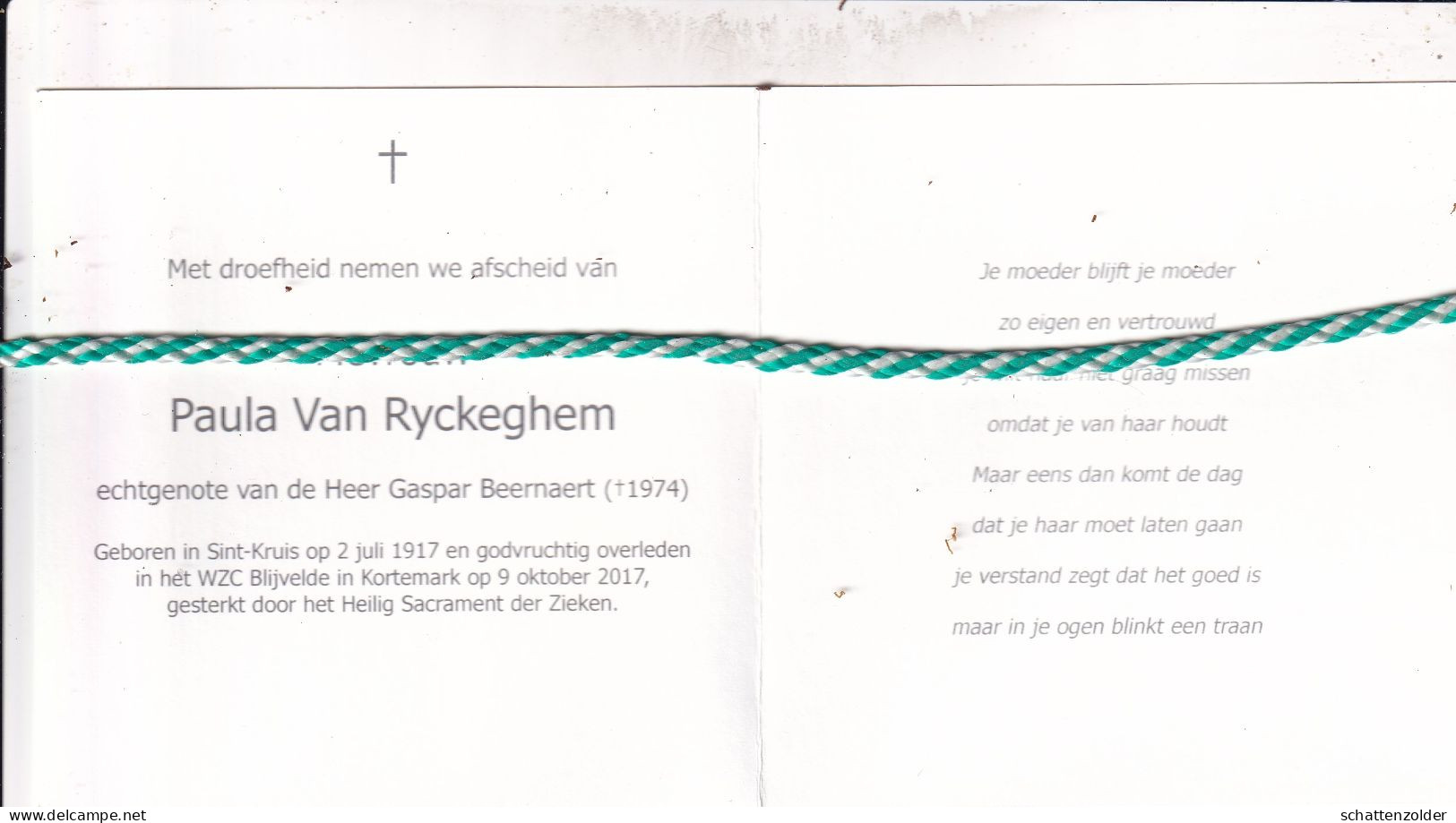 Paula Van Ryckeghem-Beernaert, Sint-Kruis 1917, Kortemark 2017. Honderdjarige. - Obituary Notices